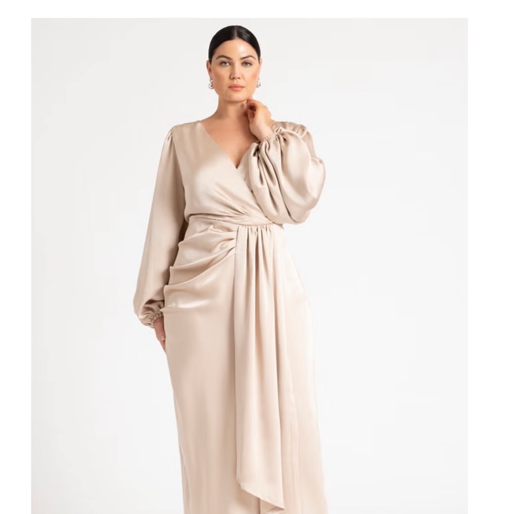 Eloquii Champagne Satin Long Sleeve Wrap Maxi Dress